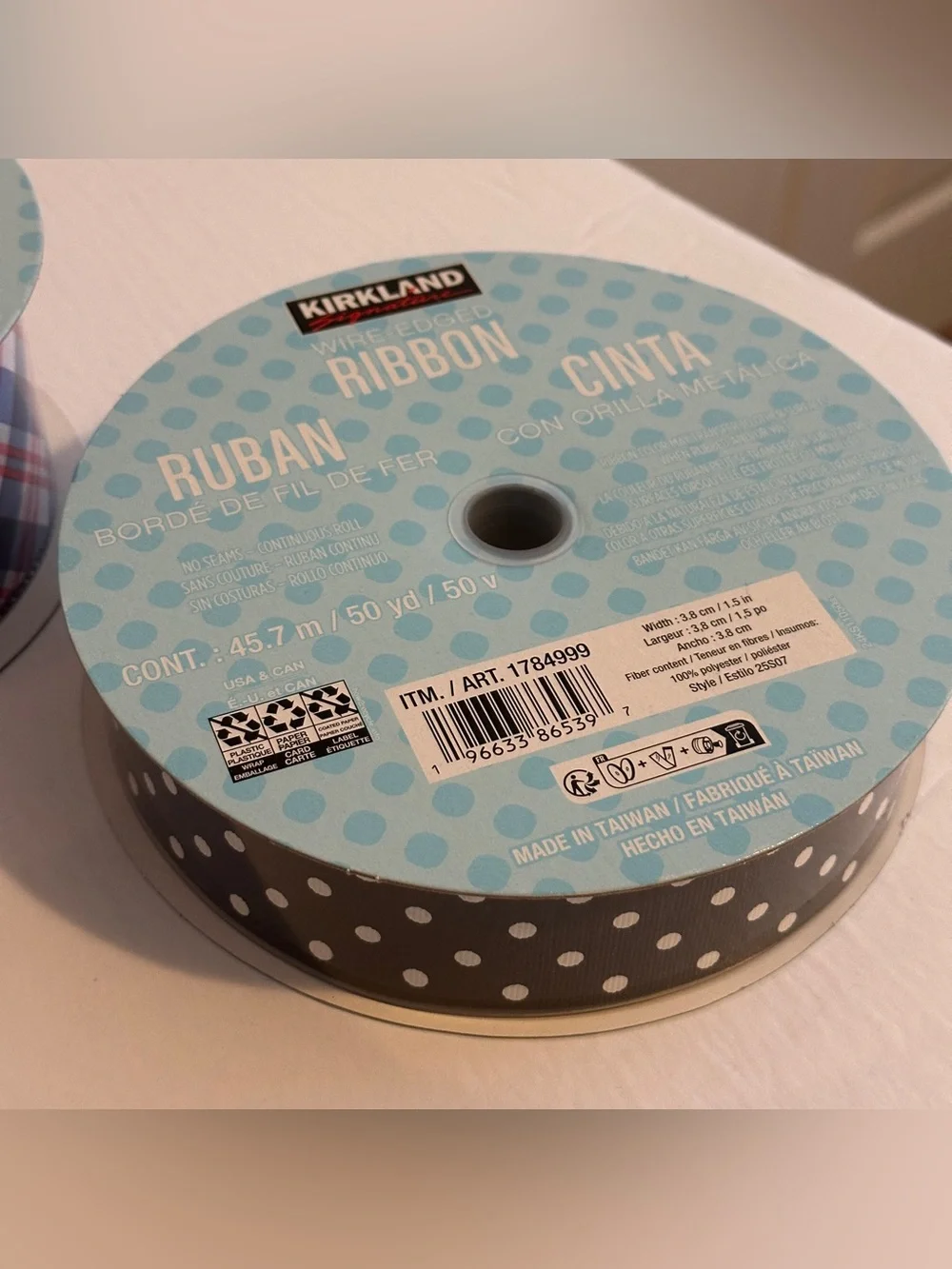 Kirkland Signature Wired-Edged Ribbon Blue Red Plaid Black White Dot 50 Yard New